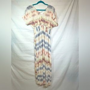 Boho Gypsies & Moondust Women's M Maxi Dress S/S Flowy BlushWhte Tie-dye Crinkle